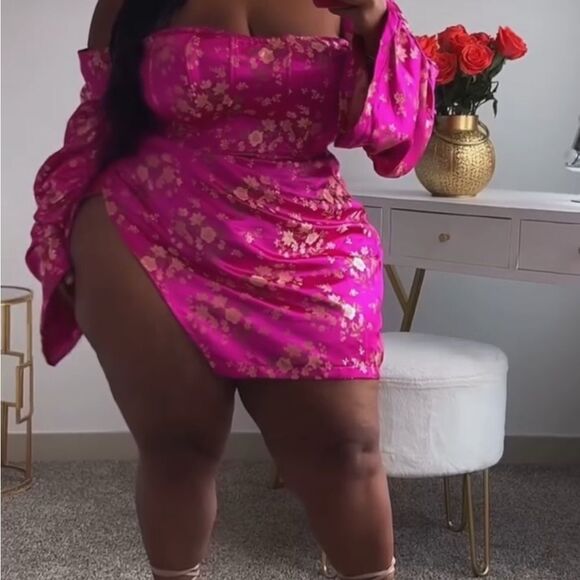 Pink Floral Off-Shoulder Dress Jacquard - Picture 1 of 3